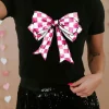 New Dear-Lover Checkerboard Bowknot Graphic Crewneck T Shirt Black