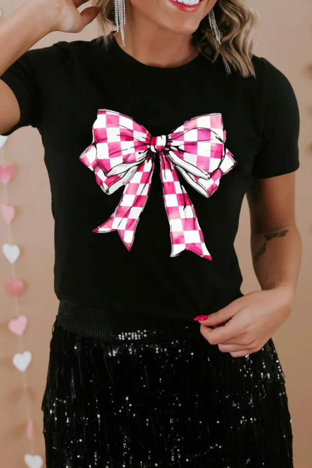 New Dear-Lover Checkerboard Bowknot Graphic Crewneck T Shirt Black