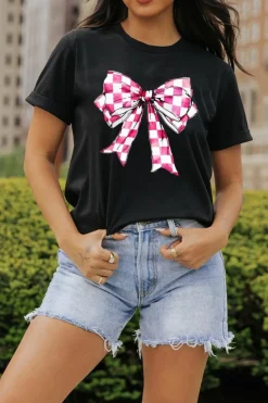 New Dear-Lover Checkerboard Bowknot Graphic Crewneck T Shirt Black