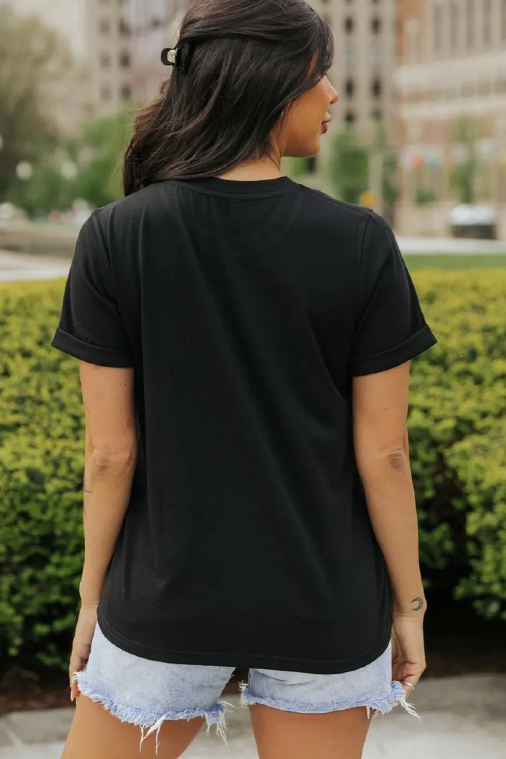 New Dear-Lover Checkerboard Bowknot Graphic Crewneck T Shirt Black