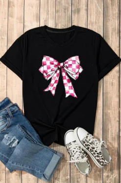 New Dear-Lover Checkerboard Bowknot Graphic Crewneck T Shirt Black