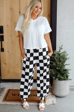 Clearance Dear-Lover Checkerboard Elastic Waist Pocketed Joggers Black