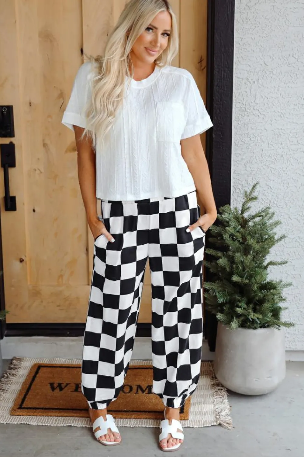 Clearance Dear-Lover Checkerboard Elastic Waist Pocketed Joggers Black