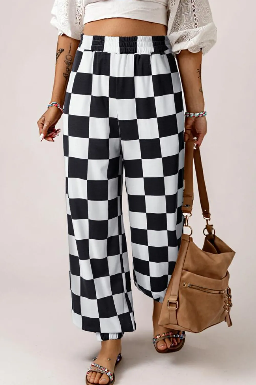 Clearance Dear-Lover Checkerboard Elastic Waist Pocketed Joggers Black