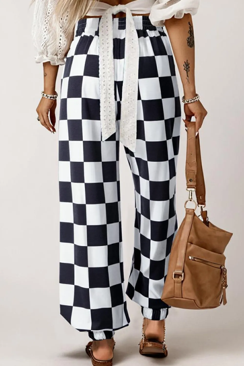 Clearance Dear-Lover Checkerboard Elastic Waist Pocketed Joggers Black