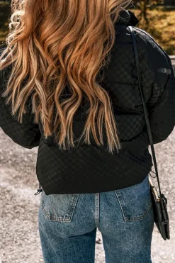 Fashion Dear-Lover Checkerboard Full Zipper Puffer Jacket Black