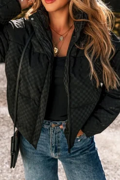 Fashion Dear-Lover Checkerboard Full Zipper Puffer Jacket Black