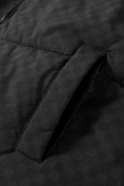 Fashion Dear-Lover Checkerboard Full Zipper Puffer Jacket Black