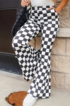 Best Dear-Lover Checkerboard High Rise Casual Flared Pants Black