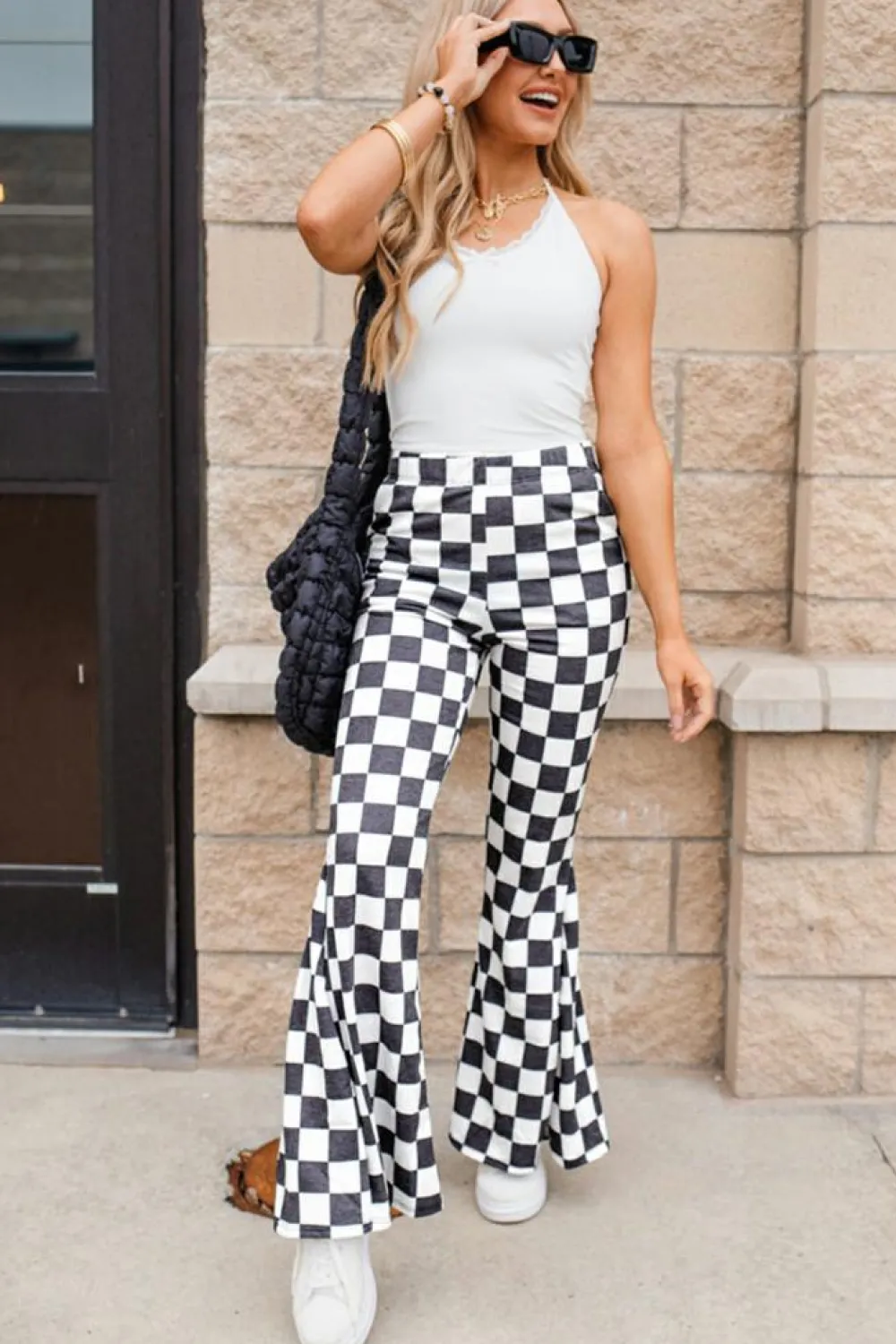 Best Dear-Lover Checkerboard High Rise Casual Flared Pants Black