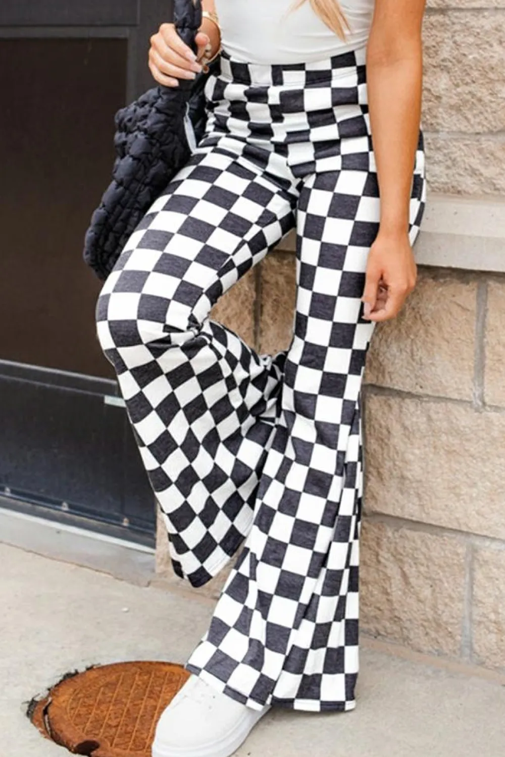 Best Dear-Lover Checkerboard High Rise Casual Flared Pants Black