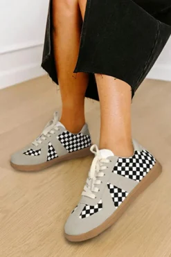 Discount Dear-Lover Checkerboard Patchwork Lace-up Flat Leatherette Shoes Black