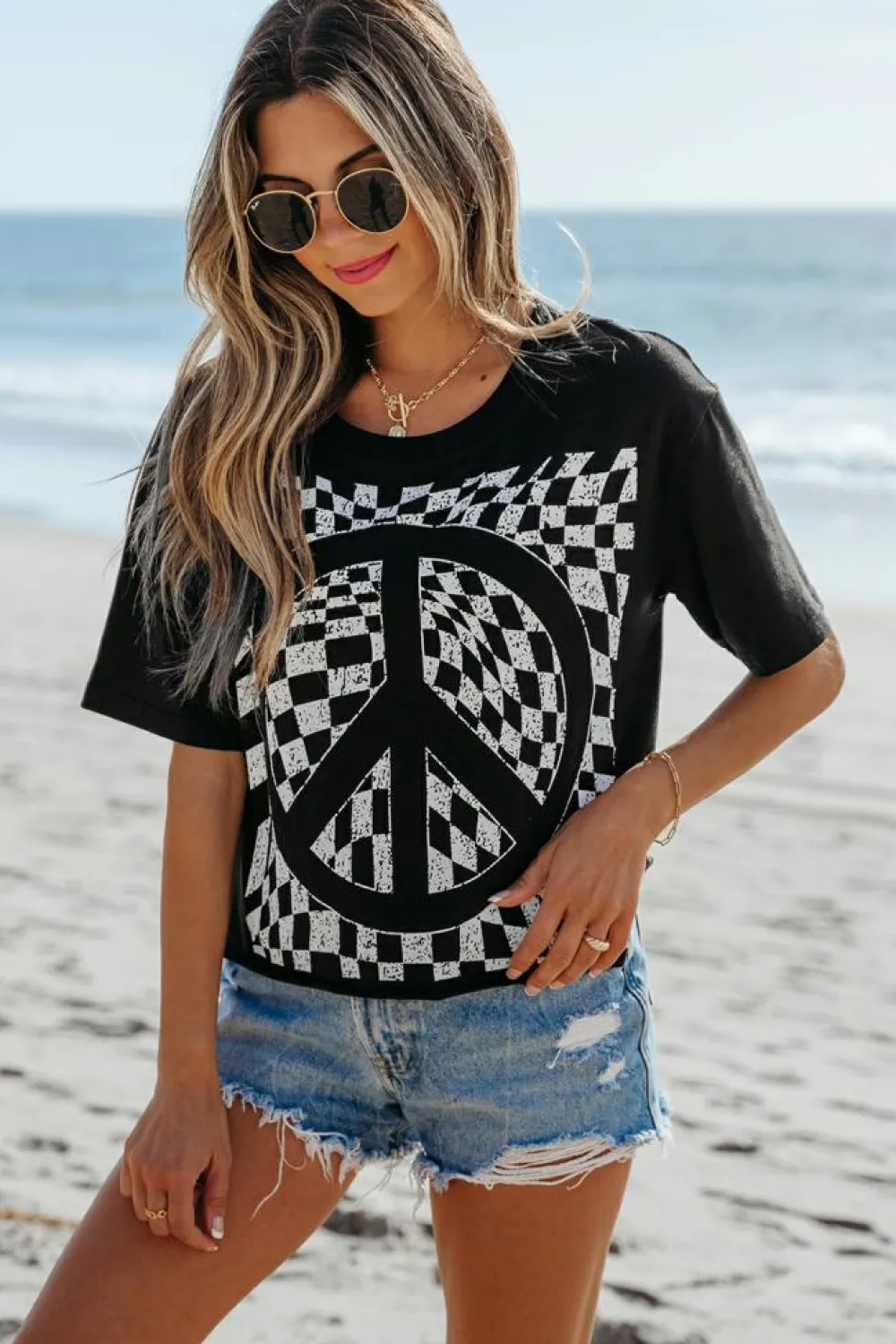 Fashion Dear-Lover Checkerboard Peace Sign Printed Round Neck T Shirt Black