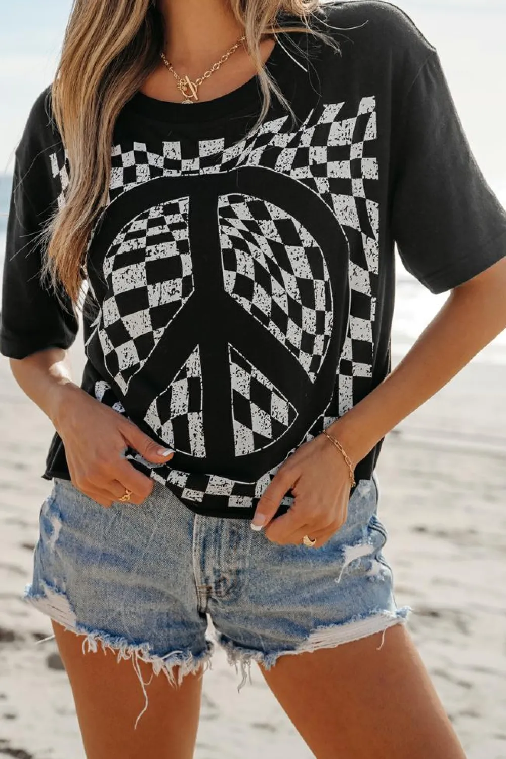 Fashion Dear-Lover Checkerboard Peace Sign Printed Round Neck T Shirt Black