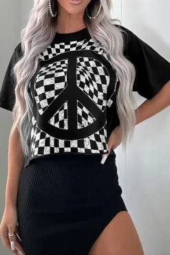 Fashion Dear-Lover Checkerboard Peace Sign Printed Round Neck T Shirt Black