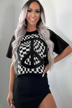 Fashion Dear-Lover Checkerboard Peace Sign Printed Round Neck T Shirt Black