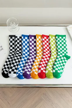 Online Dear-Lover Checkerboard Print Cotton Socks Black