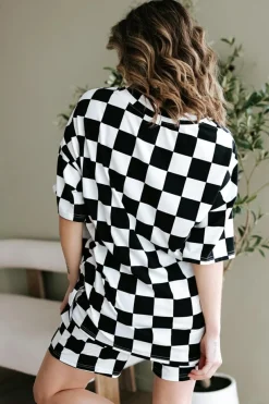 Discount Dear-Lover Checkerboard Print V Neck Loose Tee and Shorts Lounge Set Black