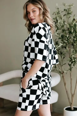 Discount Dear-Lover Checkerboard Print V Neck Loose Tee and Shorts Lounge Set Black