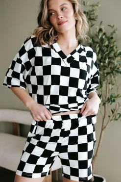 Discount Dear-Lover Checkerboard Print V Neck Loose Tee and Shorts Lounge Set Black
