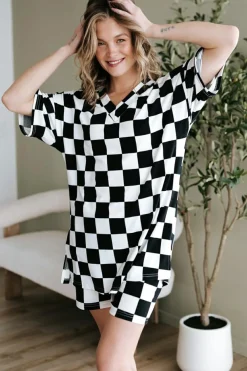 Discount Dear-Lover Checkerboard Print V Neck Loose Tee and Shorts Lounge Set Black