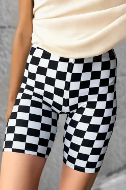 Clearance Dear-Lover Checkerboard Printed High Waist Biker Shorts Black