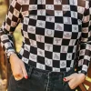 Best Dear-Lover Checkerboard Western Elements Printed Mesh Long Sleeve Top Black