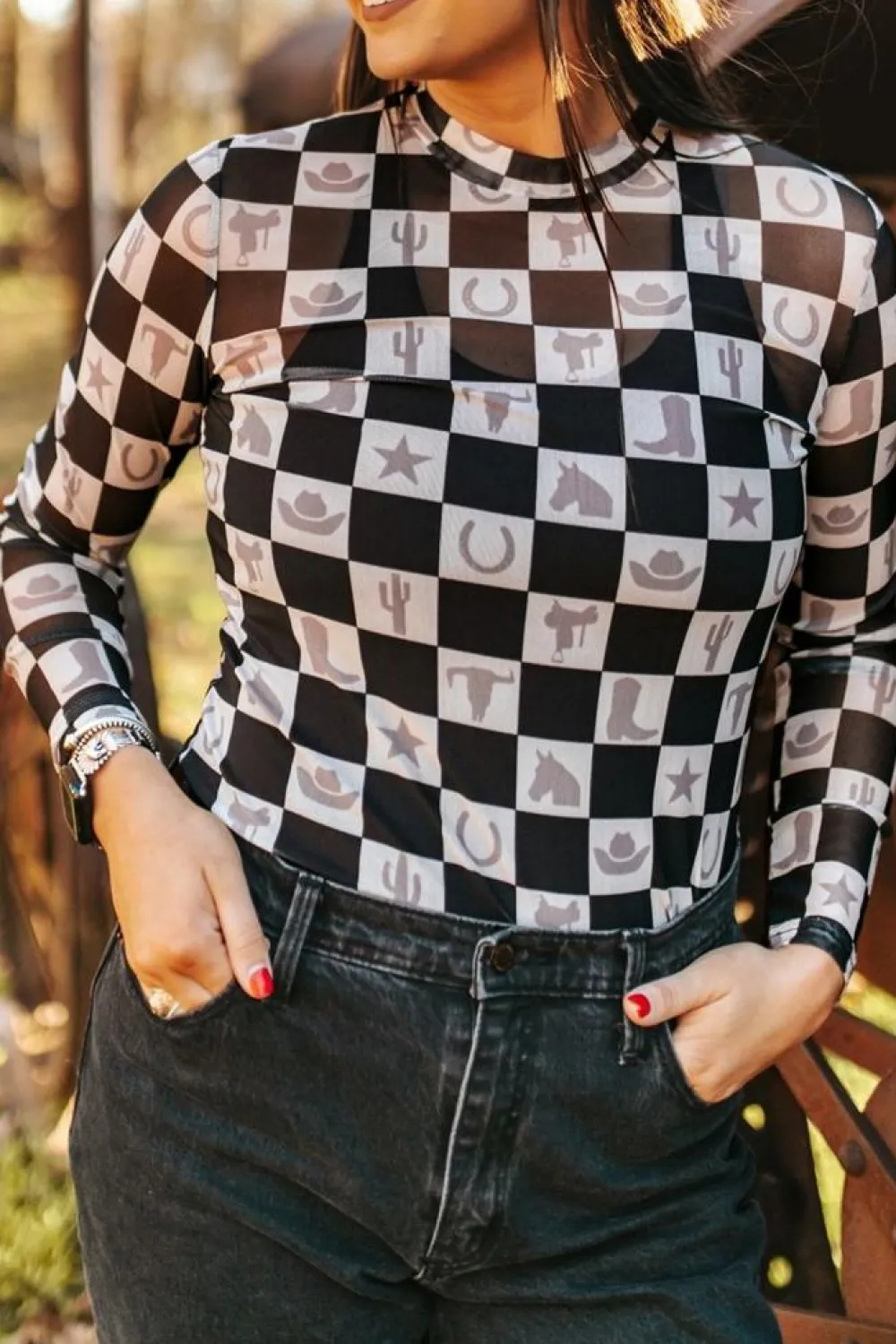 Best Dear-Lover Checkerboard Western Elements Printed Mesh Long Sleeve Top Black