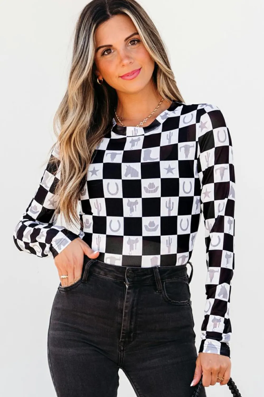 Best Dear-Lover Checkerboard Western Elements Printed Mesh Long Sleeve Top Black