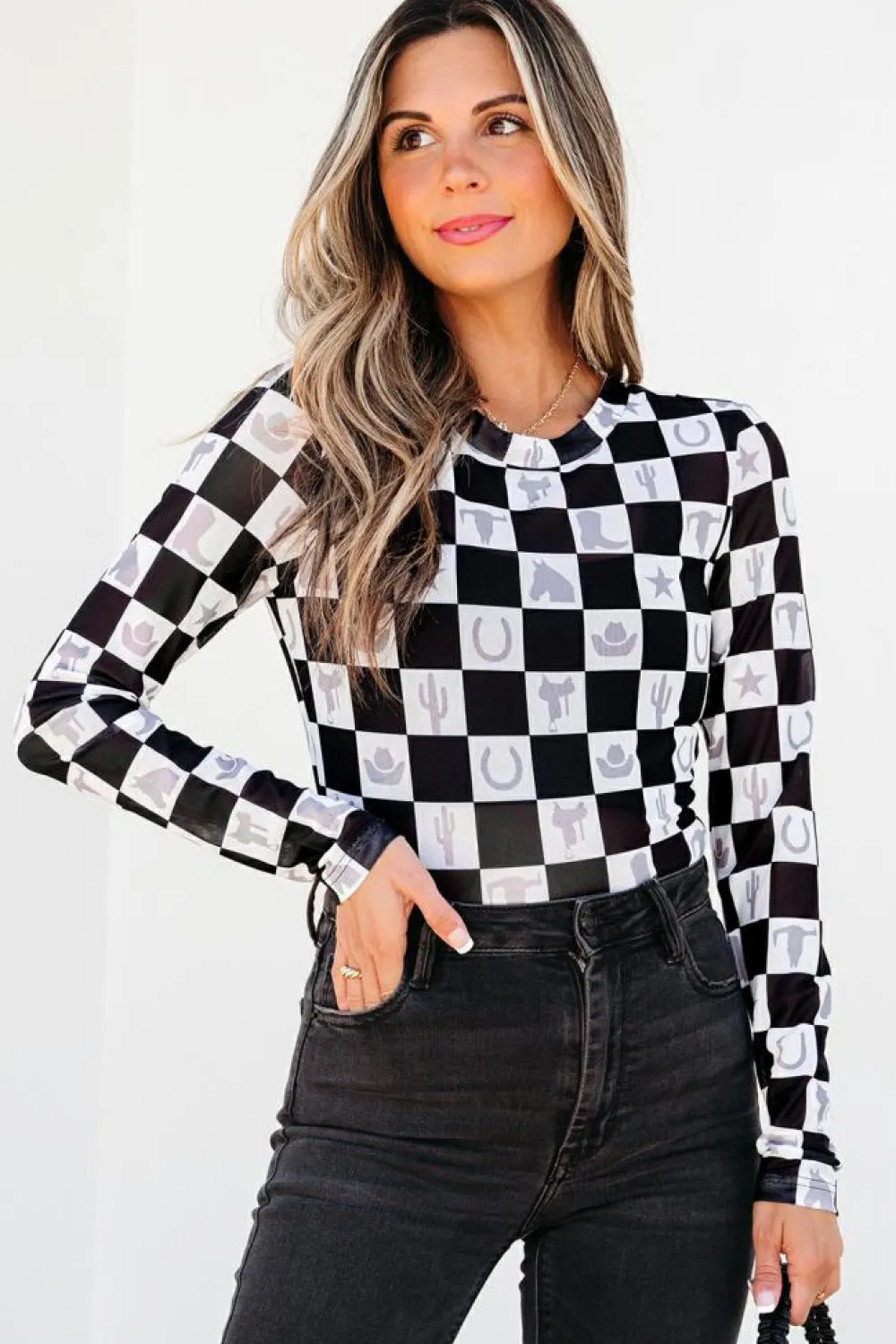 Best Dear-Lover Checkerboard Western Elements Printed Mesh Long Sleeve Top Black