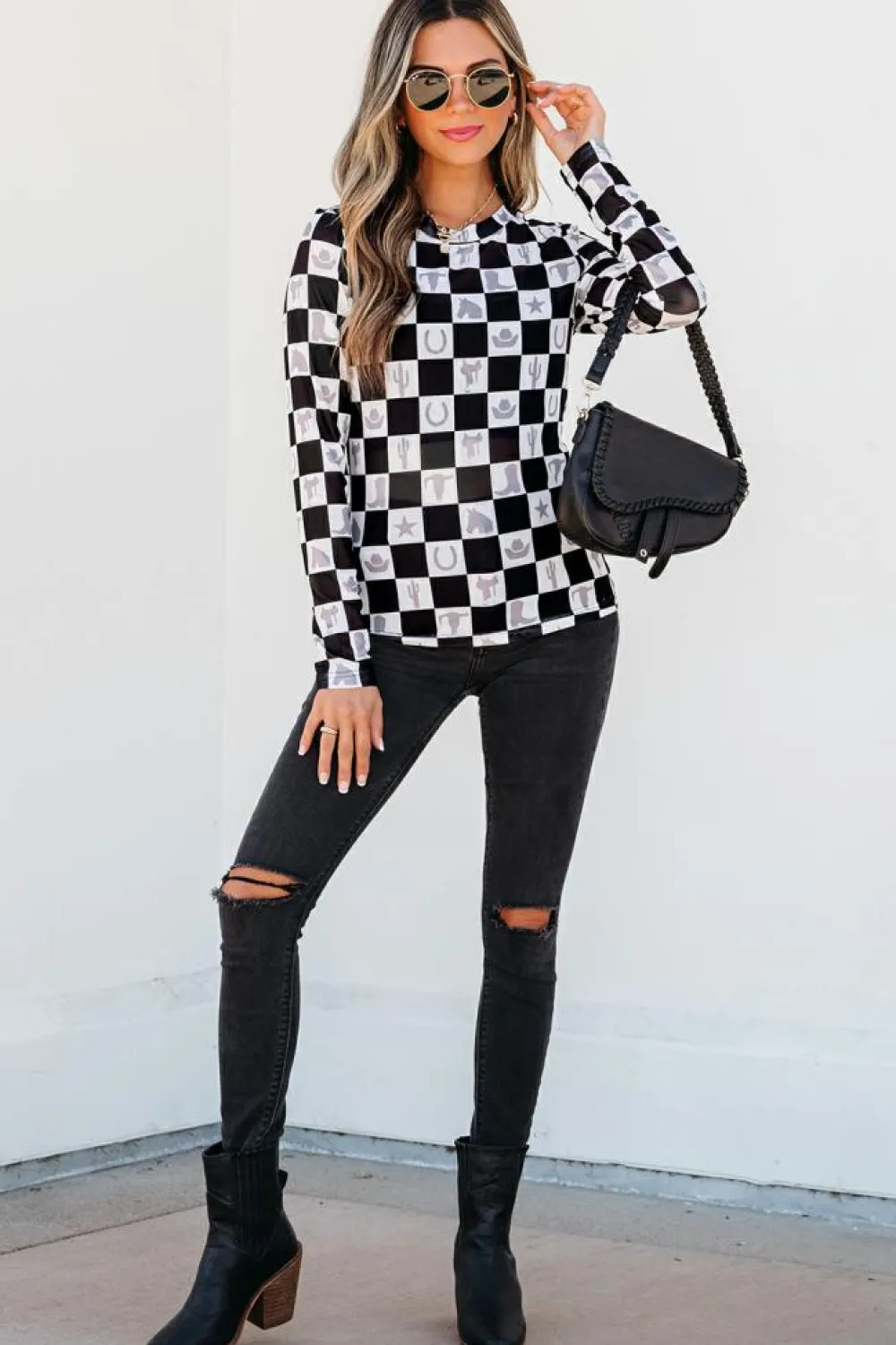 Best Dear-Lover Checkerboard Western Elements Printed Mesh Long Sleeve Top Black