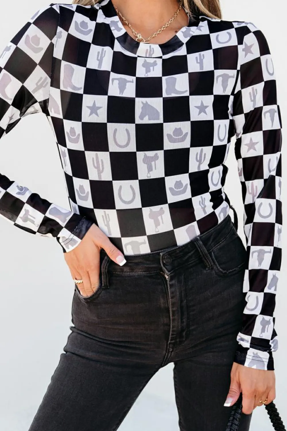 Best Dear-Lover Checkerboard Western Elements Printed Mesh Long Sleeve Top Black