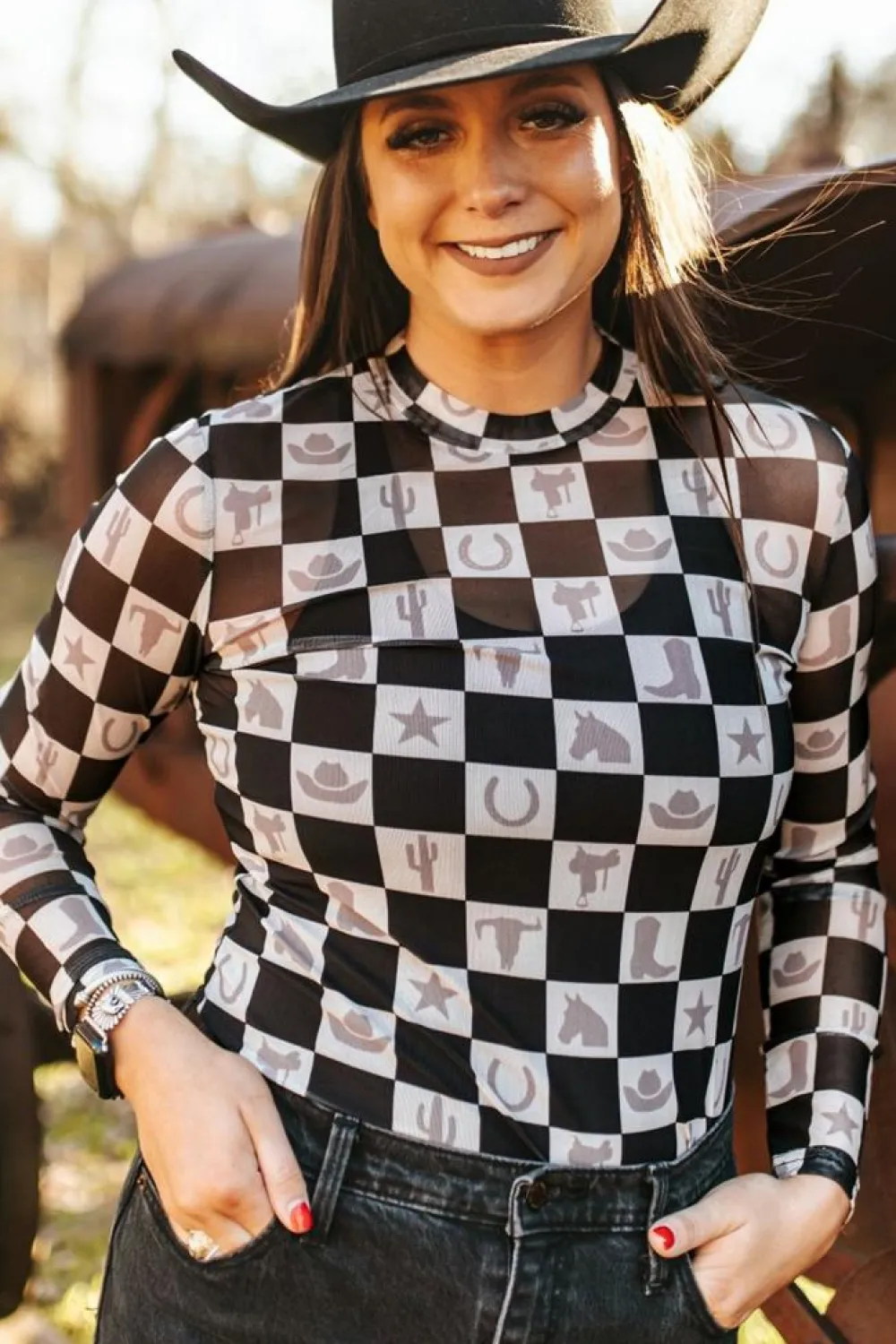 Best Dear-Lover Checkerboard Western Elements Printed Mesh Long Sleeve Top Black