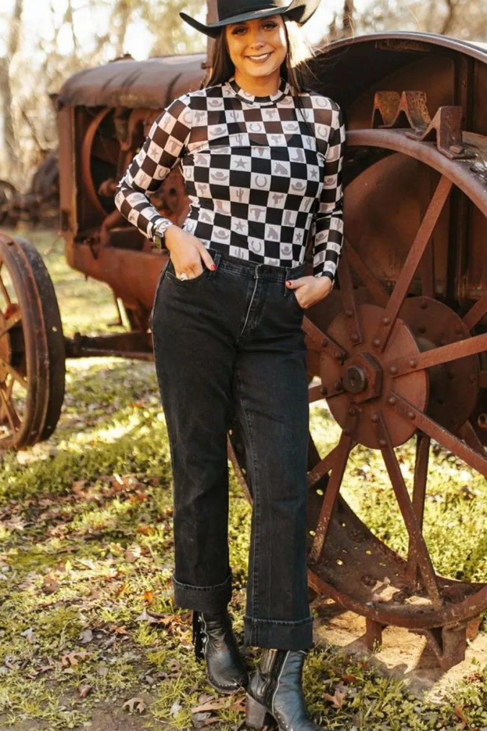 Best Dear-Lover Checkerboard Western Elements Printed Mesh Long Sleeve Top Black