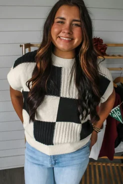 Outlet Dear-Lover Checkered Color Block Crew Neck Short Sleeve Sweater Black