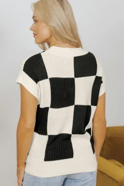 Outlet Dear-Lover Checkered Color Block Crew Neck Short Sleeve Sweater Black