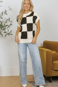 Outlet Dear-Lover Checkered Color Block Crew Neck Short Sleeve Sweater Black