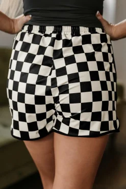 Online Dear-Lover Checkered Drawstring Elastic Waist Casual Shorts Black