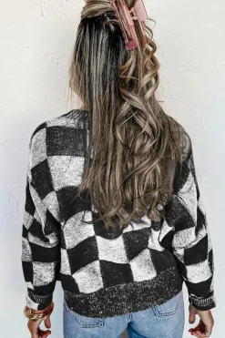 Sale Dear-Lover Checkered Drop Shoulder Buttoned V Neck Cardigan Black