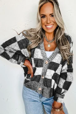 Sale Dear-Lover Checkered Drop Shoulder Buttoned V Neck Cardigan Black