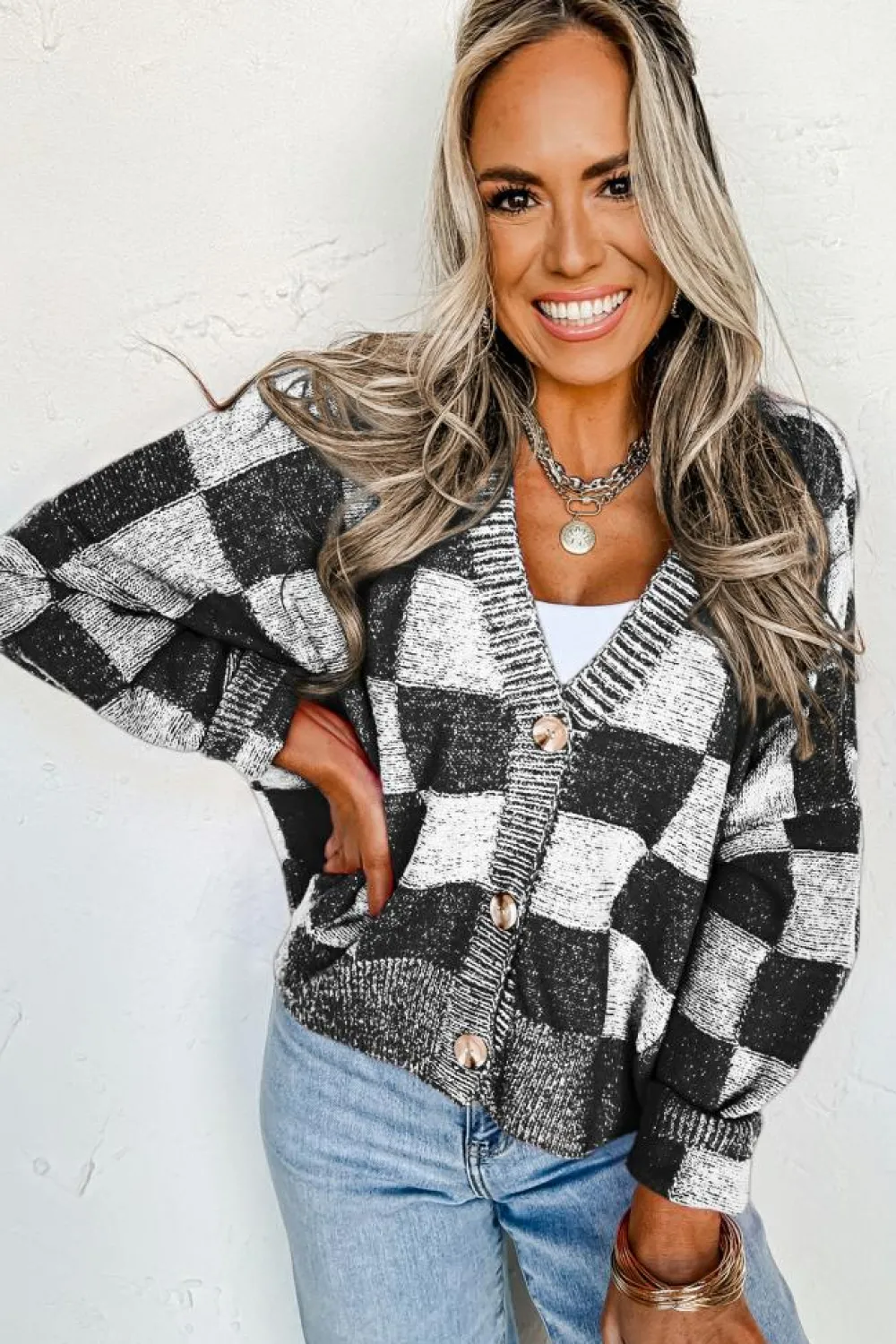 Sale Dear-Lover Checkered Drop Shoulder Buttoned V Neck Cardigan Black
