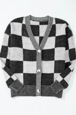 Sale Dear-Lover Checkered Drop Shoulder Buttoned V Neck Cardigan Black