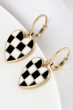Best Dear-Lover Checkered Heart Shape Hoop Dangle Earrings Black