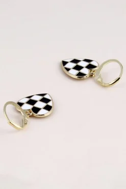 Best Dear-Lover Checkered Heart Shape Hoop Dangle Earrings Black