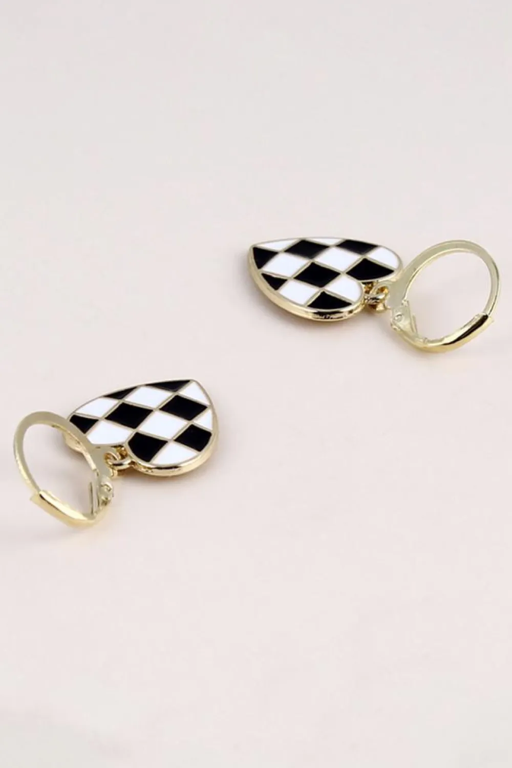 Best Dear-Lover Checkered Heart Shape Hoop Dangle Earrings Black