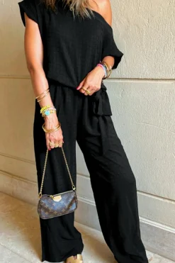 Outlet Dear-Lover Checkered Mesh One Shoulder Short Sleeve Knotted Waist Jumpsuit Black