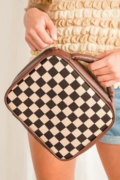 Clearance Dear-Lover Checkered Multiple Compartments PU Leather Cosmetic Bag Black