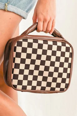 Clearance Dear-Lover Checkered Multiple Compartments PU Leather Cosmetic Bag Black