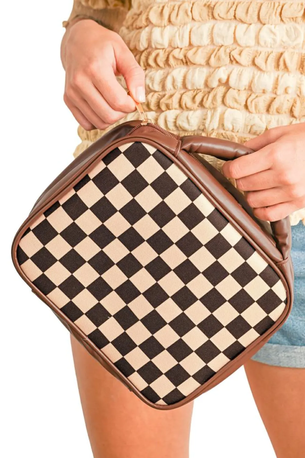 Clearance Dear-Lover Checkered Multiple Compartments PU Leather Cosmetic Bag Black