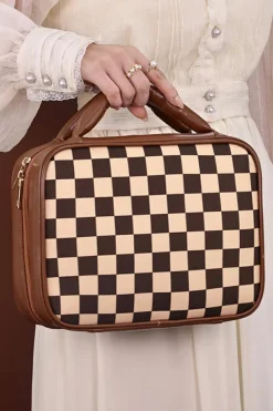 Clearance Dear-Lover Checkered Multiple Compartments PU Leather Cosmetic Bag Black